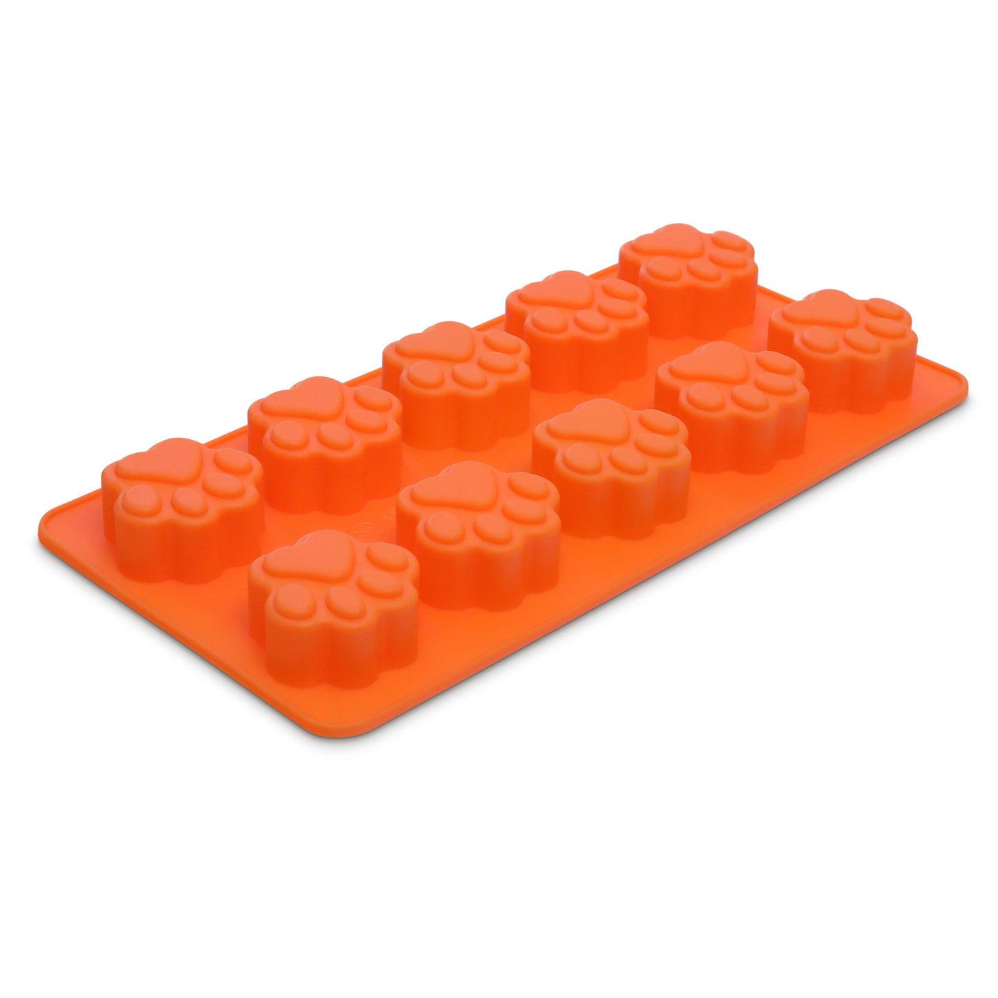 Orange silicone mold with paw prints for Huxley Barker recipes